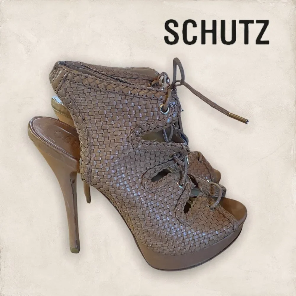 Schutz Woven Leather Gladiator Platform Heels 7 - Picture 1 of 5